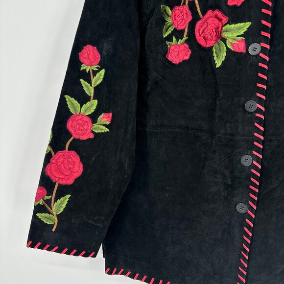 Vintage 90's Suede Jacket Embroidered Floral Rose Western Leather Jacket - Picture 4 of 11